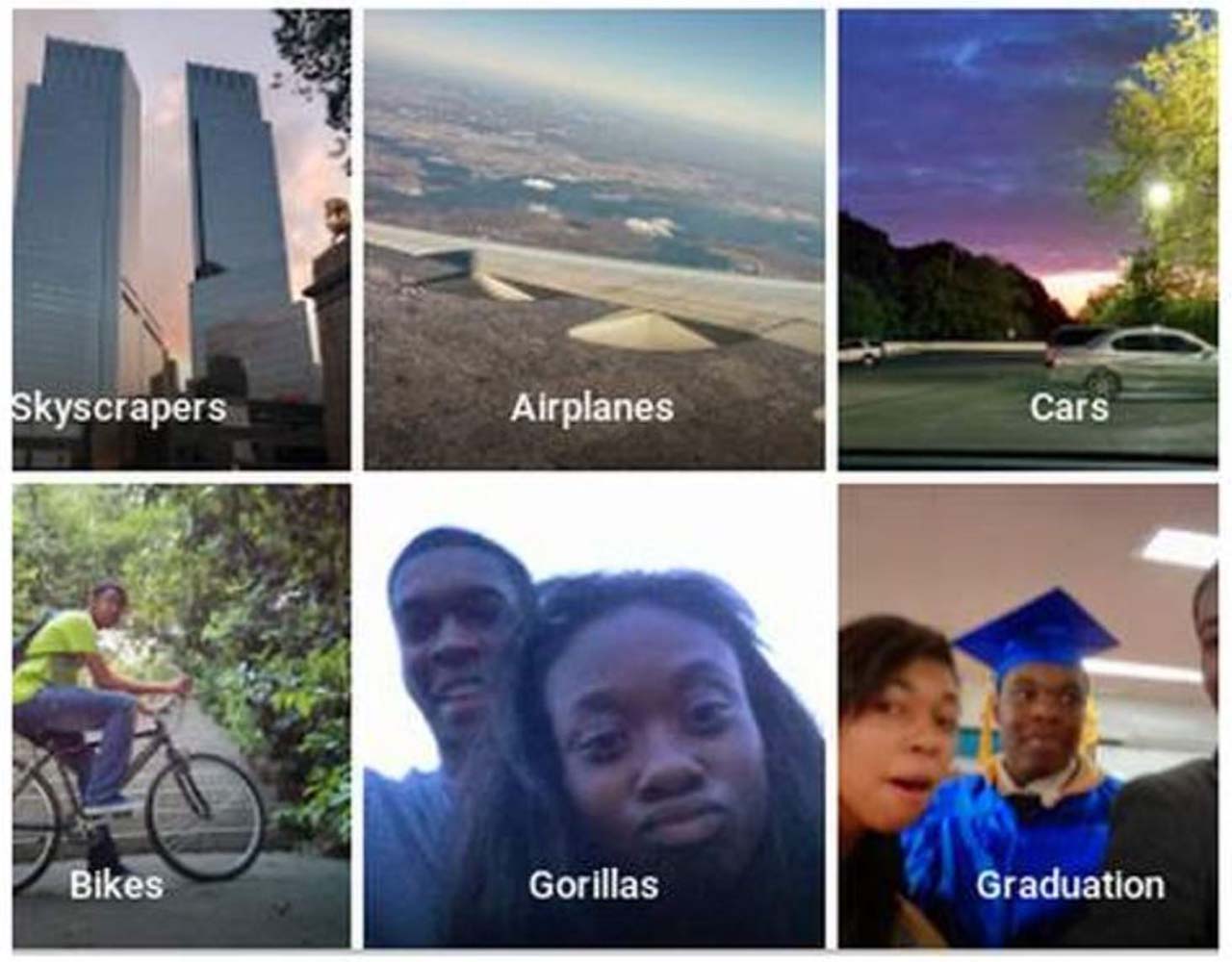 Immagine tratta da un articolo pubblicato su BBC News, contenente sei copertine di album di Google Photos con foto classificate automaticamente dall'intelligenza artificiale. Le sei categorie sono Grattacieli, Aeroplani, Automobili, Biciclette, Gorilla, Laurea; la foto etichettata come "gorilla", tuttavia, mostra un ragazzo e una ragazza di colore. Questo mostra la difficoltà nel correggere errori e risultati indesiderati senza riaddestrare un'intelligenza artificiale.