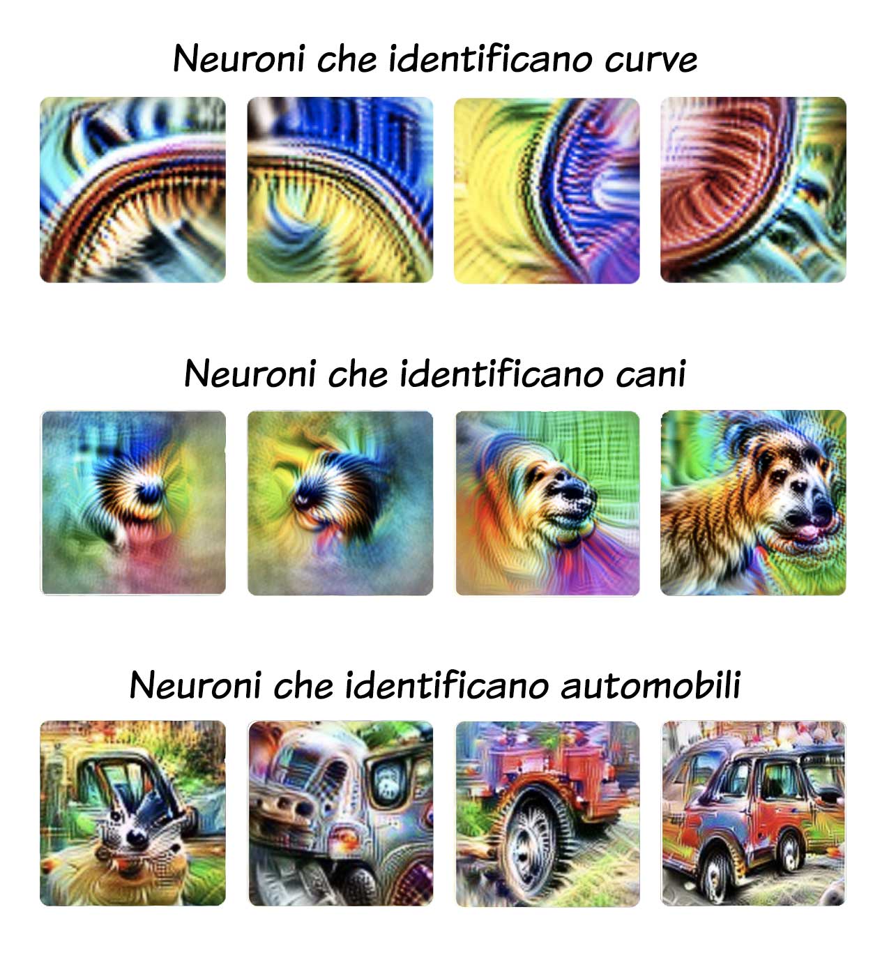 Visualizzazione dell'interpretabilità delle reti neurali: tre serie di iimmagini che attivano al massimo alcuni neuroni di una rete neurale per il riconoscimento di immagini. In alto, neuroni specializzati nel riconoscimento di linee curve. Al centro, neuroni che identificano caratteristiche di cani, da forme più astratte a rappresentazioni più dettagliate. In basso, neuroni dedicati al riconoscimento di automobili, da parti di esse a veicoli completi.