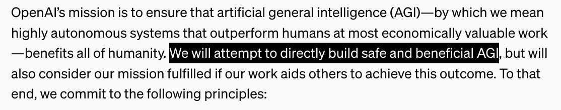 Screenshot di una parte dello statuto societario di OpenAI: “Cercheremo di costruire (...) un’AGI sicura e benefica”. Questo mostra l'interesse delle grandi aziende tech per dominare il campo dell'intelligenza artificiale generale.
