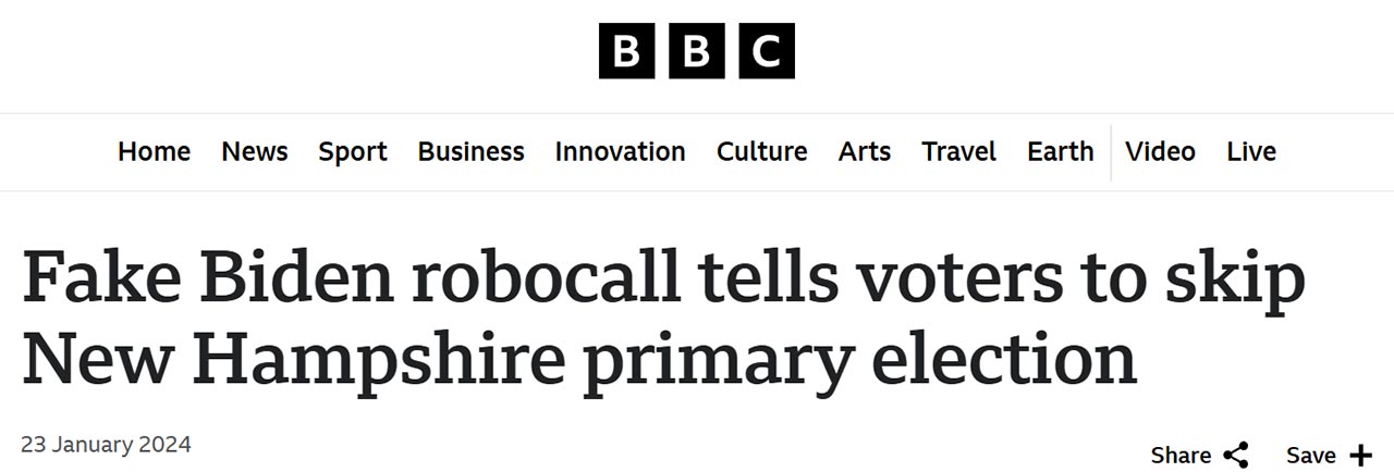 Screenshot del titolo di un articolo pubblicato su BBC News: “Una falsa chiamata automatica che si spaccia per Biden esorta gli elettori a saltare le primarie nel New Hampshire”. Questo mostra il rischio dell'uso dei deepfake IA come armi di manipolazione dell'opinione pubblica.