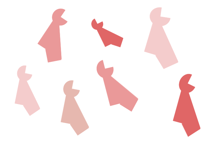 Sette forme geometriche simili, di colori dal rosa al rosso, identificate con il nome "binti". Rappresentano un esempio di set di dati con cui potrebbe essere addestrata una rete neurale.